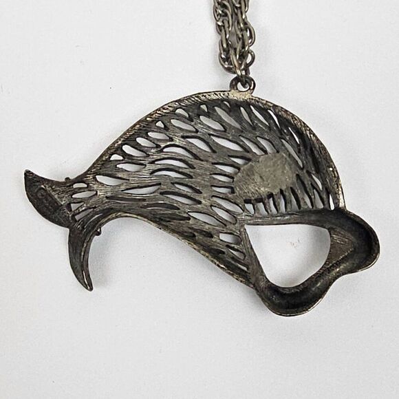 Vtg‎ JJ Jonette Large Pewter Fish Pendant Necklace Open Mouth Red Rhinestone Eye - Picture 6 of 15